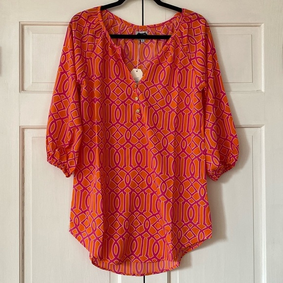 Mudpie Reese Tunic in Lattice Print Bright Orange Pink Blouse NEW Size Small - Picture 3 of 11
